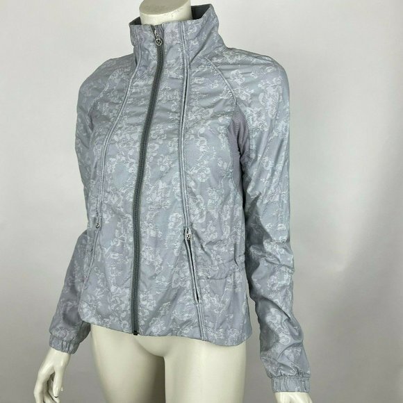 Lululemon Run Travel to Track Jacket Floral Jacquard Fossil Gray Lined Women 4 - Picture 3 of 12